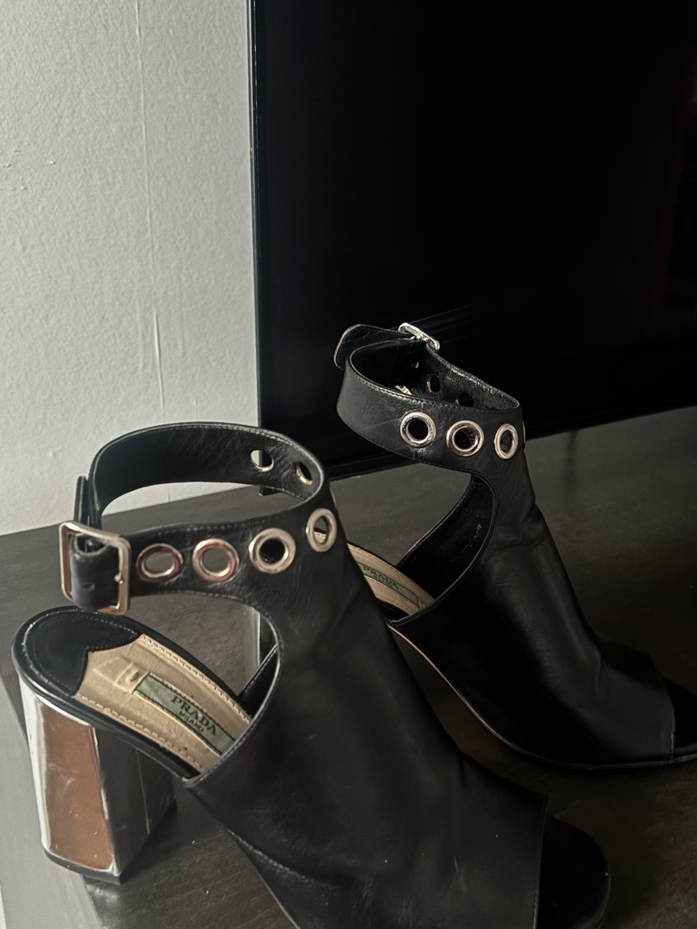 Prada Black Open-Toe Ankle-Strap Block Heel Sandals